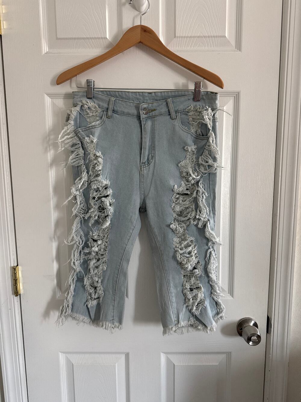 Women's Ripped Fringed Denim Shorts Side Tassel Denim  Size L